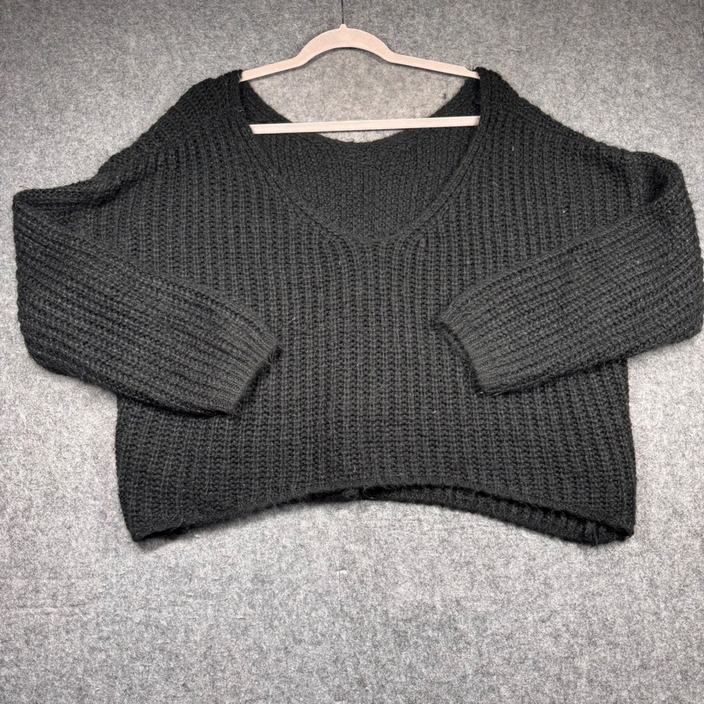 SHEIN Women Black Ribbed Knit Oversized V-Neck Sweater Size Small Chunky Slouchy